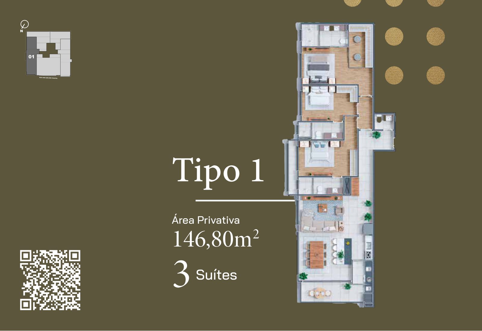 Tipo 1 — 146,80 m², 3 suítes